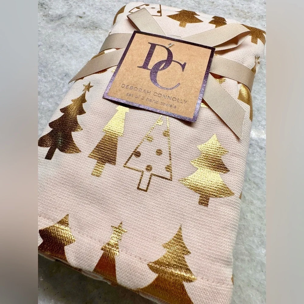New Pink & Shiny Gold Christmas Tree Bathroom Hand Towels Set of 2